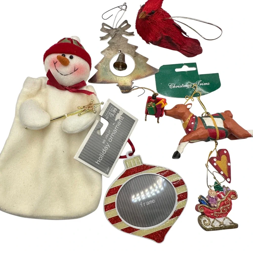VTG 90s Christmas Ornament Lot 7 pc Snowman Cardinal Reindeer Tree Photo Frame